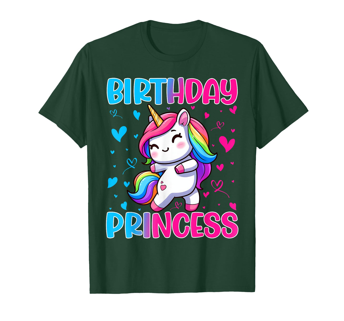 Happy Birthday Princess Unicorn Cute Rainbow Hearts Girls T-Shirt