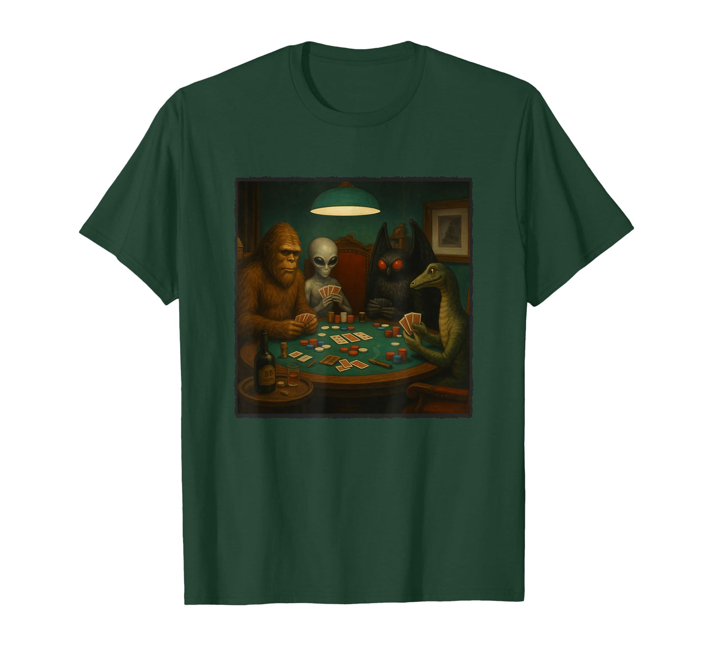 Cryptids Playing Poker Funny Alien Bigfoot Mothman Nessie T-Shirt