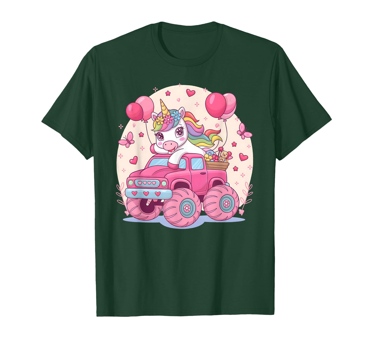 Cute Unicorn Riding A Pink Monster Truck Girl Birthday Party T-Shirt