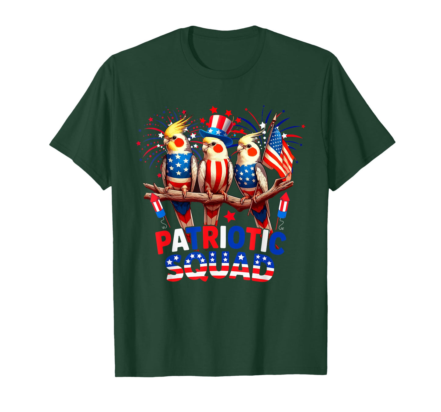 Patriotic Squad Three Cute Cockatiels 4th Of July US Flag T-Shirt