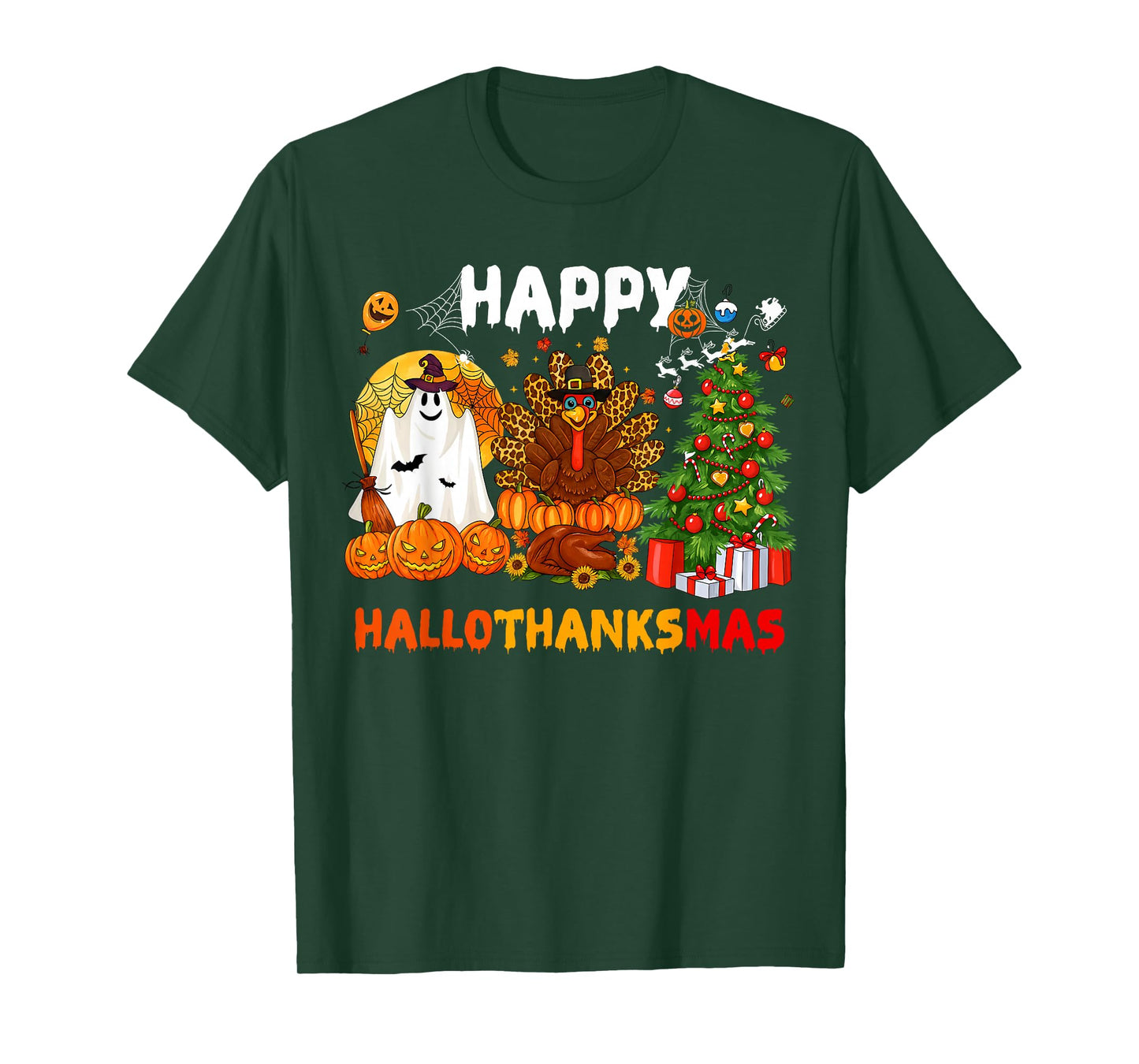 Retro Happy Hallothanksmas Halloween Thanksgiving Christmas T-Shirt