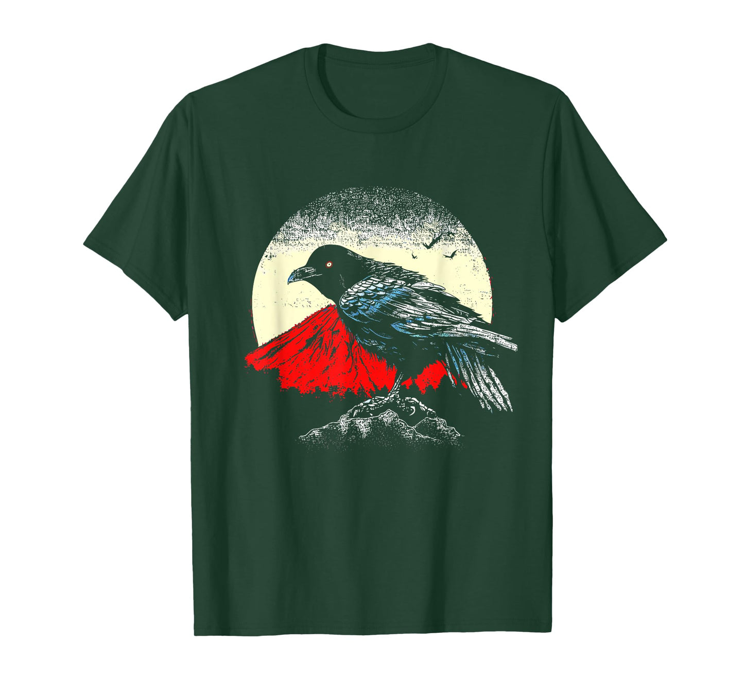 Japanese Art Black Crow Raven Red Moon - Retro Bird T-Shirt