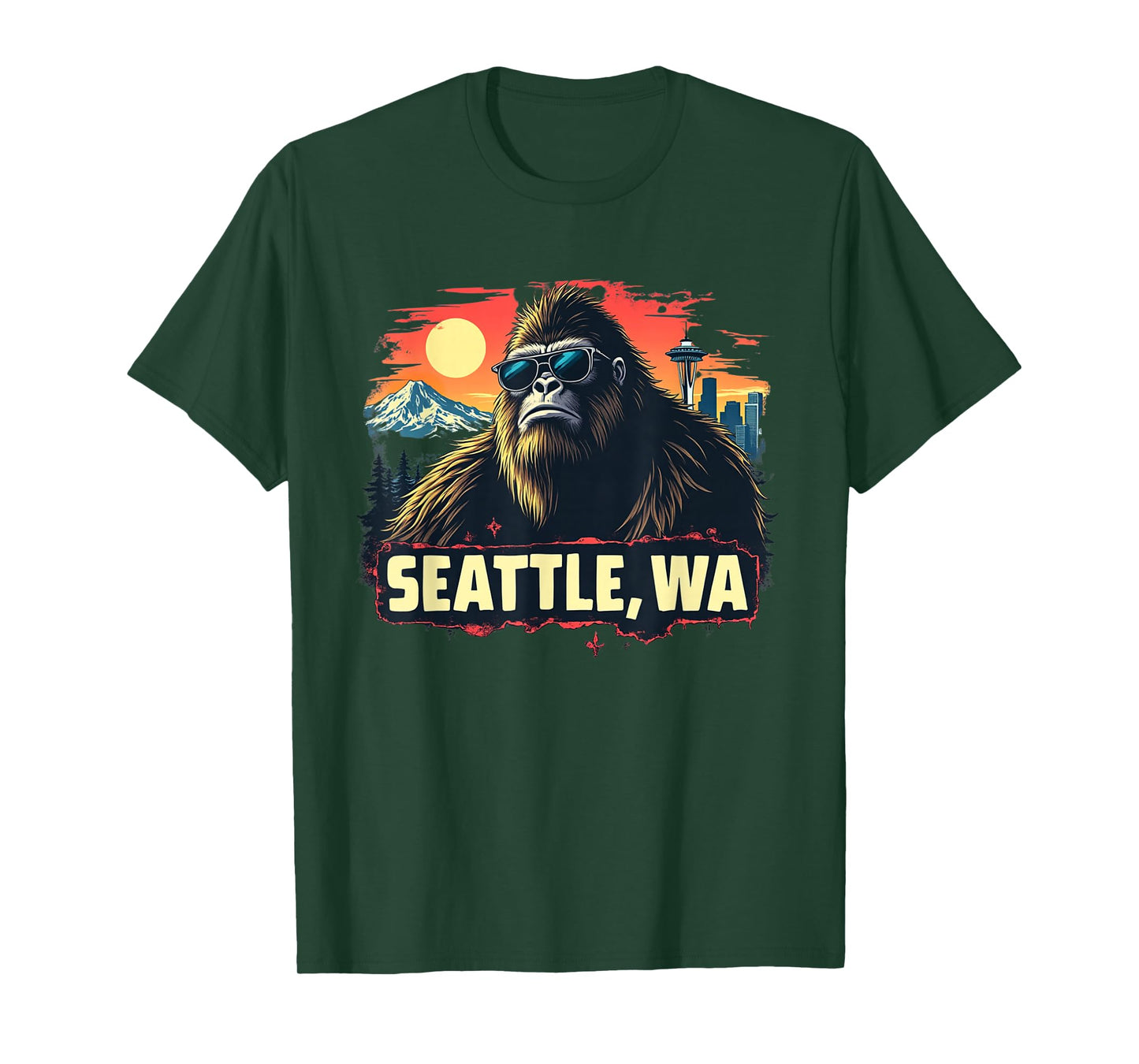 Seattle Cool Bigfoot with Downtown and Mountains T-Shirt