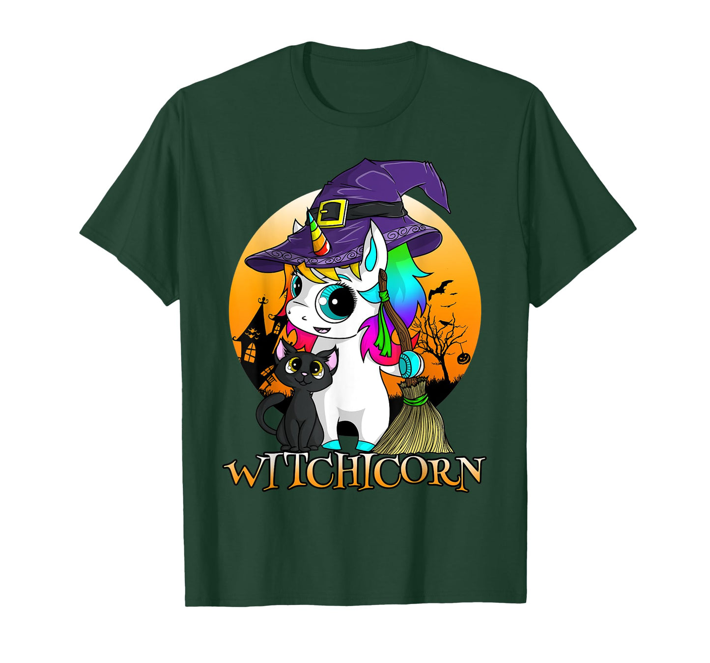 Witchicorn Unicorn Witch Halloween Black Cat Orange Moon T-Shirt