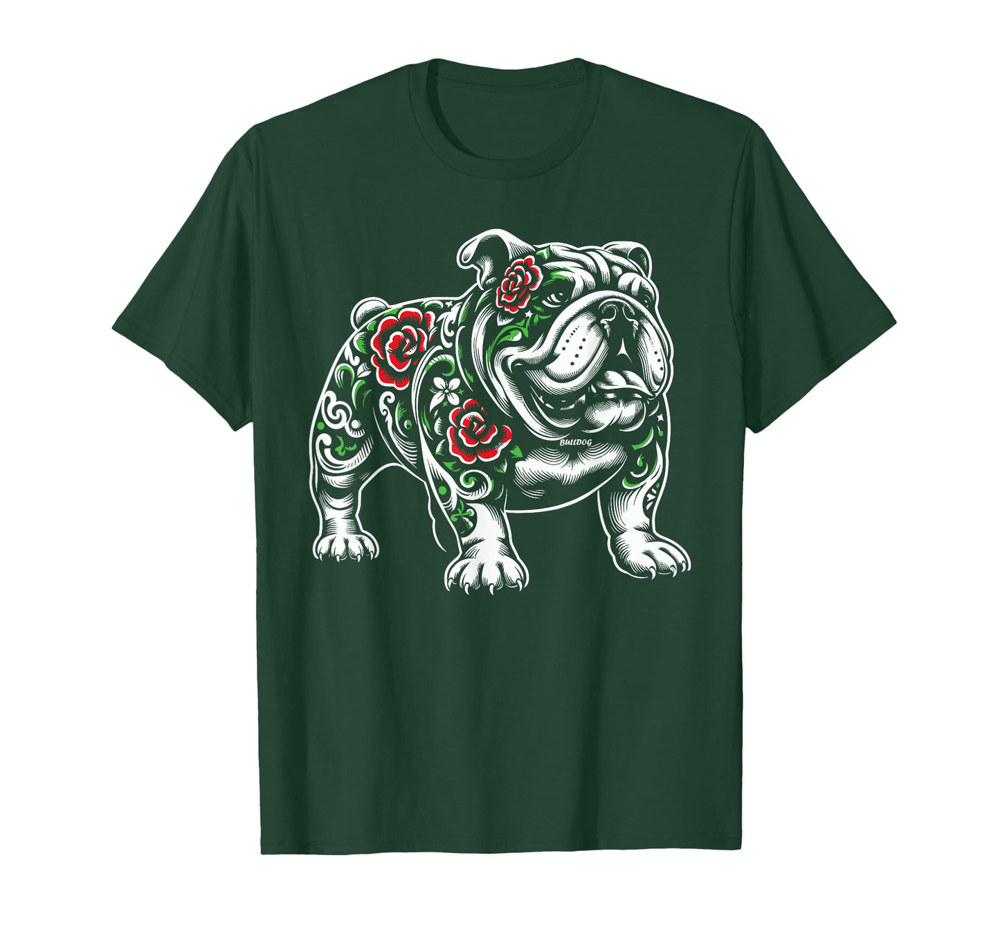Bulldog Floral Red Rose Mens Womens T-Shirt
