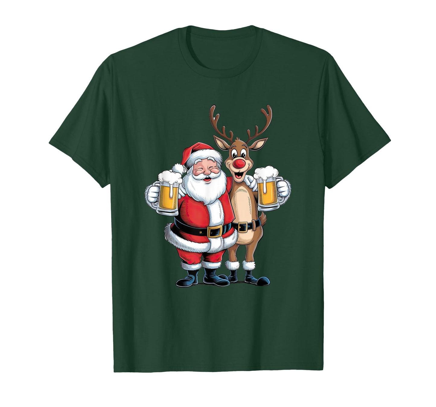 Santa Having a Beer with Reindeer. Funny Xmas Holidays T-Shirt