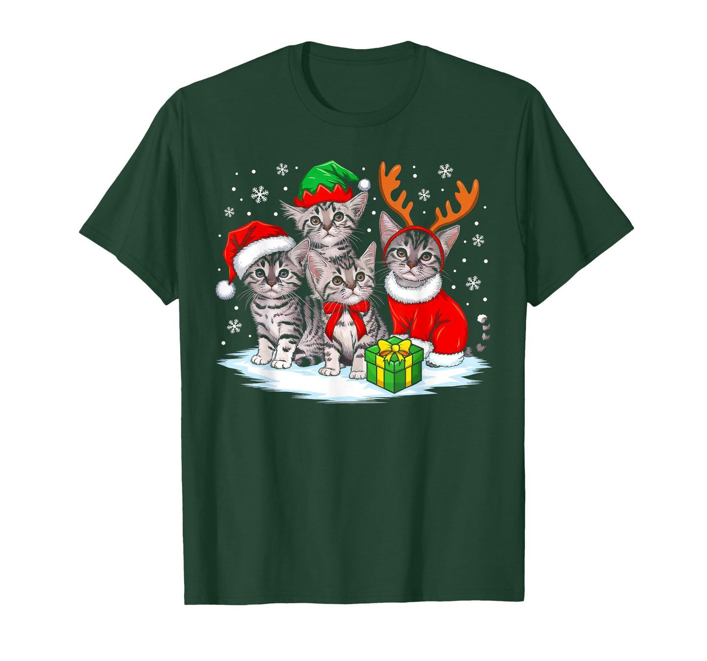 Cat Christmas Lights Reindeer Santa Hat Christmas Cat Lover T-Shirt for Men Women Kids