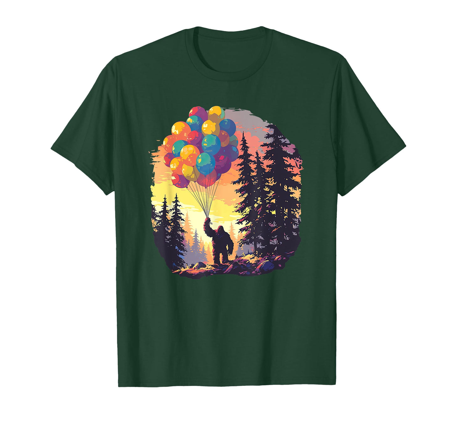 Bigfoot Forest Sunset Birthday Balloons Happy Bday Sasquatch T-Shirt