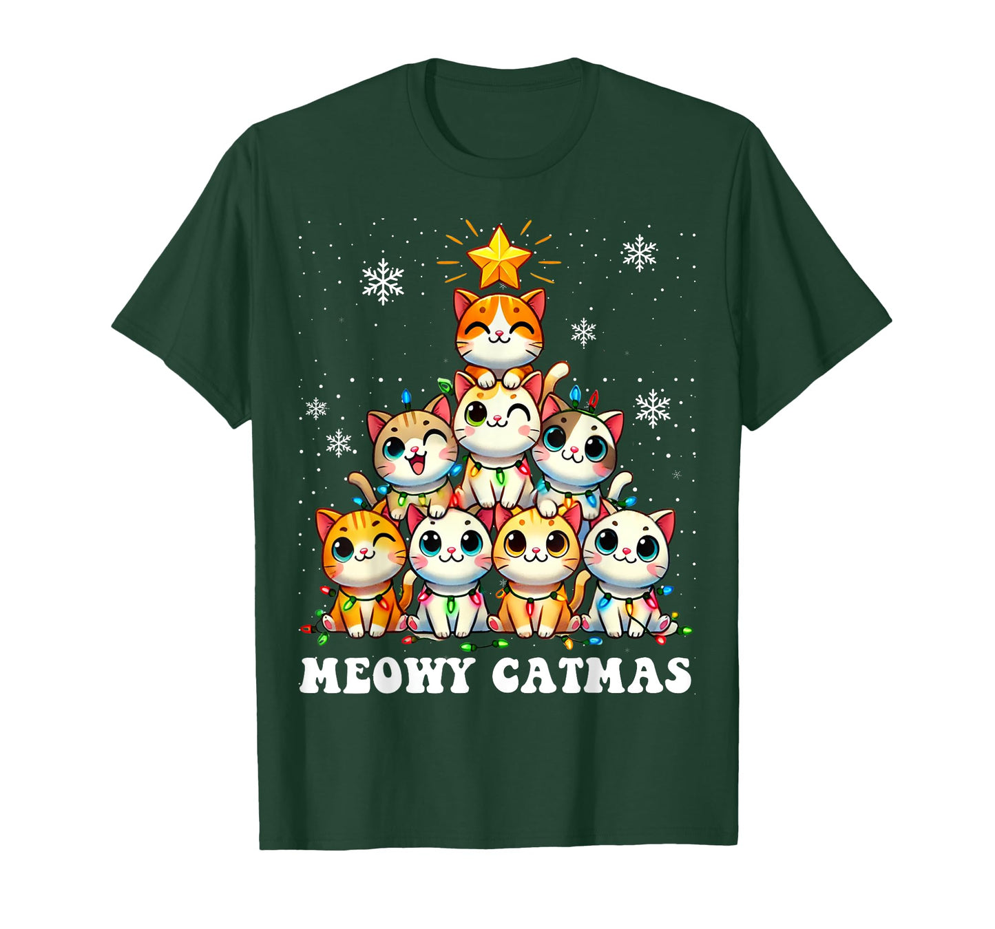Meowy Catmas Funny Christmas Tree Lights Cute Cat Lover Xmas Men Women Kids T-Shirt