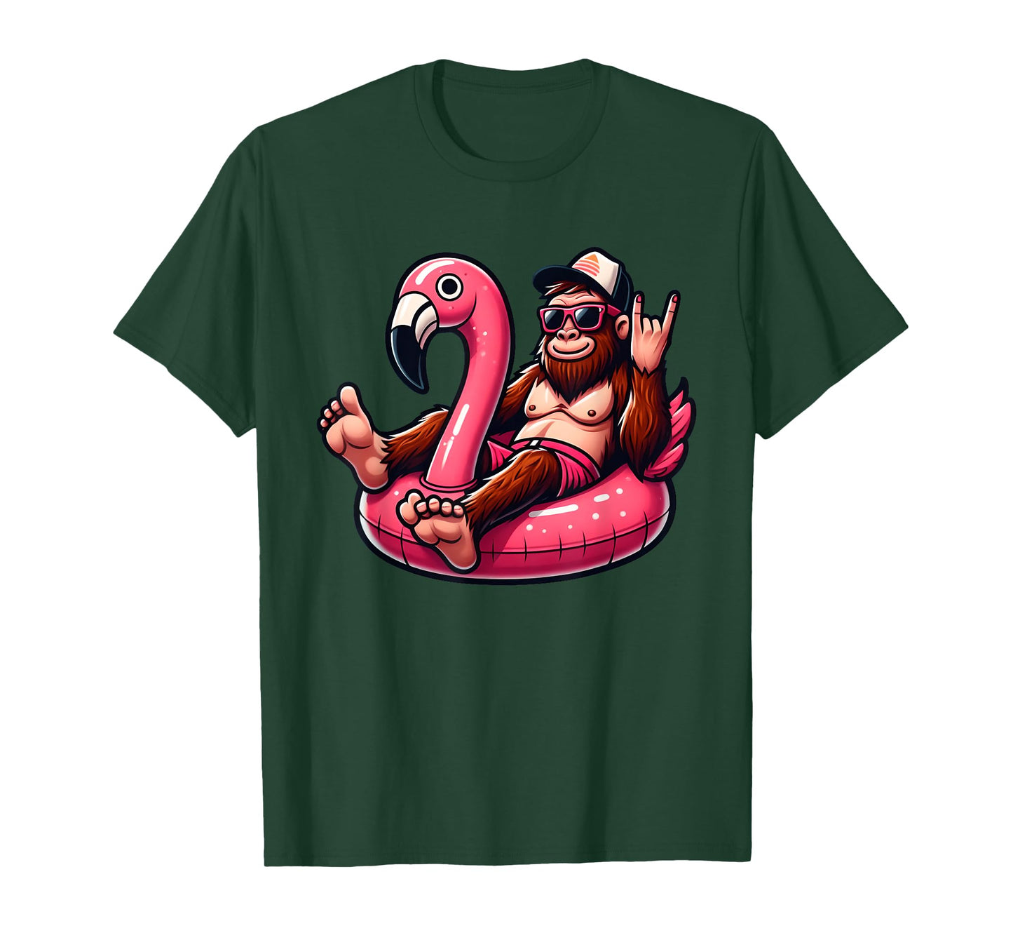 Bigfoot Chilling on Pink Flamingo Pool Float Beach Vacation T-Shirt