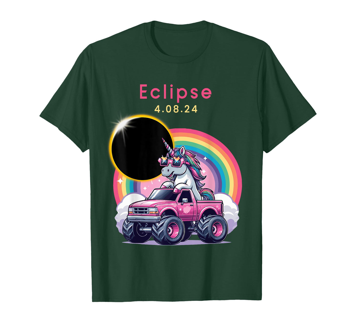 Total Solar Eclipse 2024 Monster Truck Unicorn Girl Funny T-Shirt