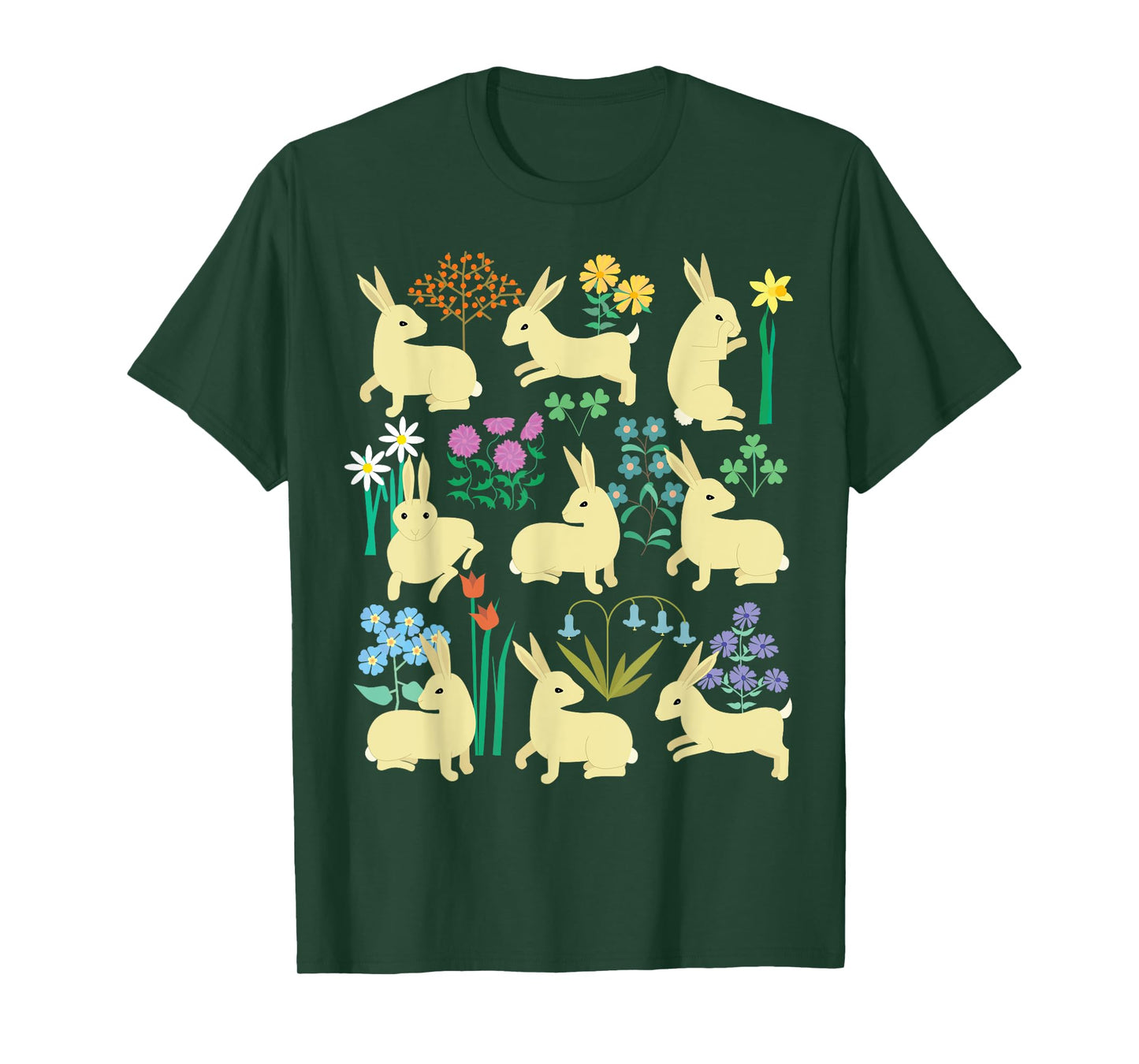 Playful little rabbits (bunnies) among colorful flowers T-Shirt