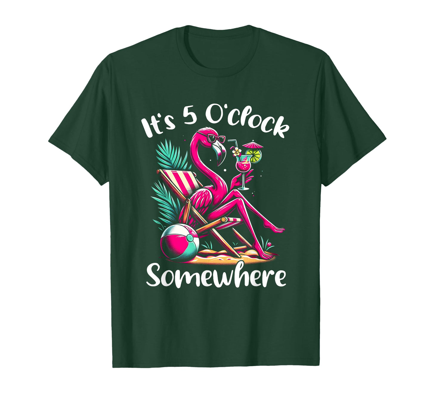 It's 5 O'clock Somewhere Flamingo Drinking Beach Vacation T-Shirt