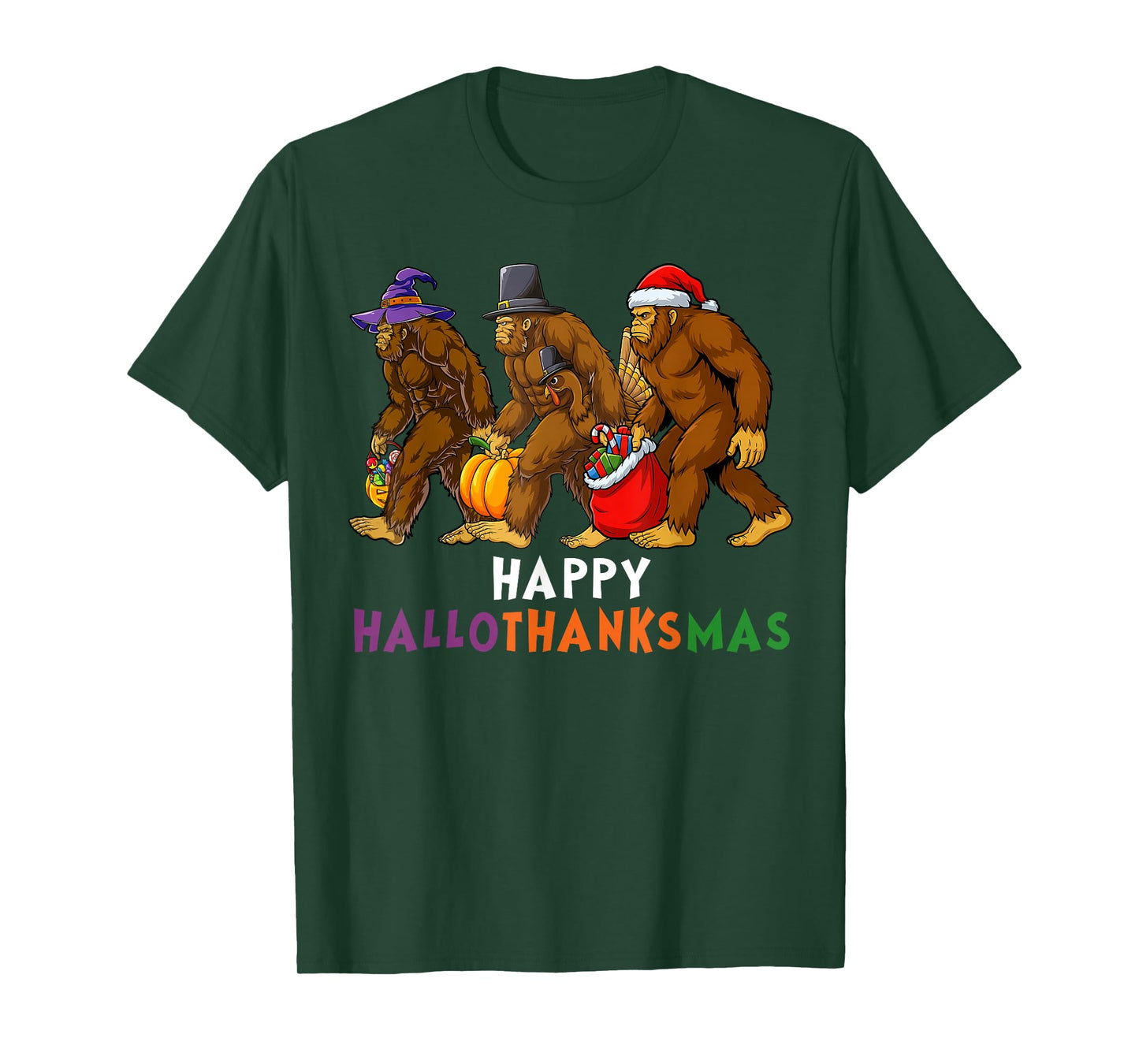 Hallothanksmas Bigfoot Halloween Thanksgiving Christmas T-Shirt