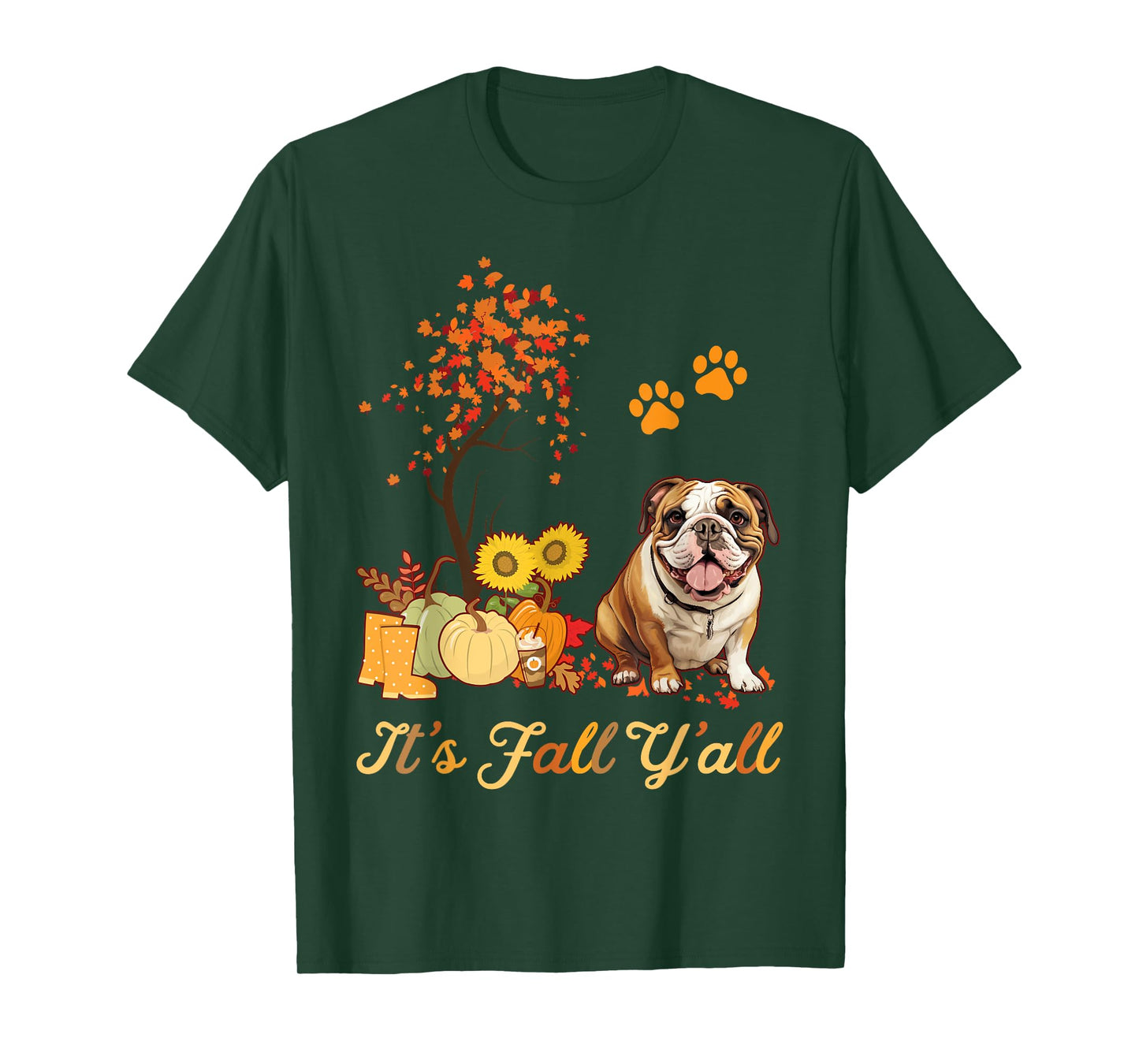 English Bulldog Fall Leaves Autumn Maple Tree Thanksgiving T-Shirt