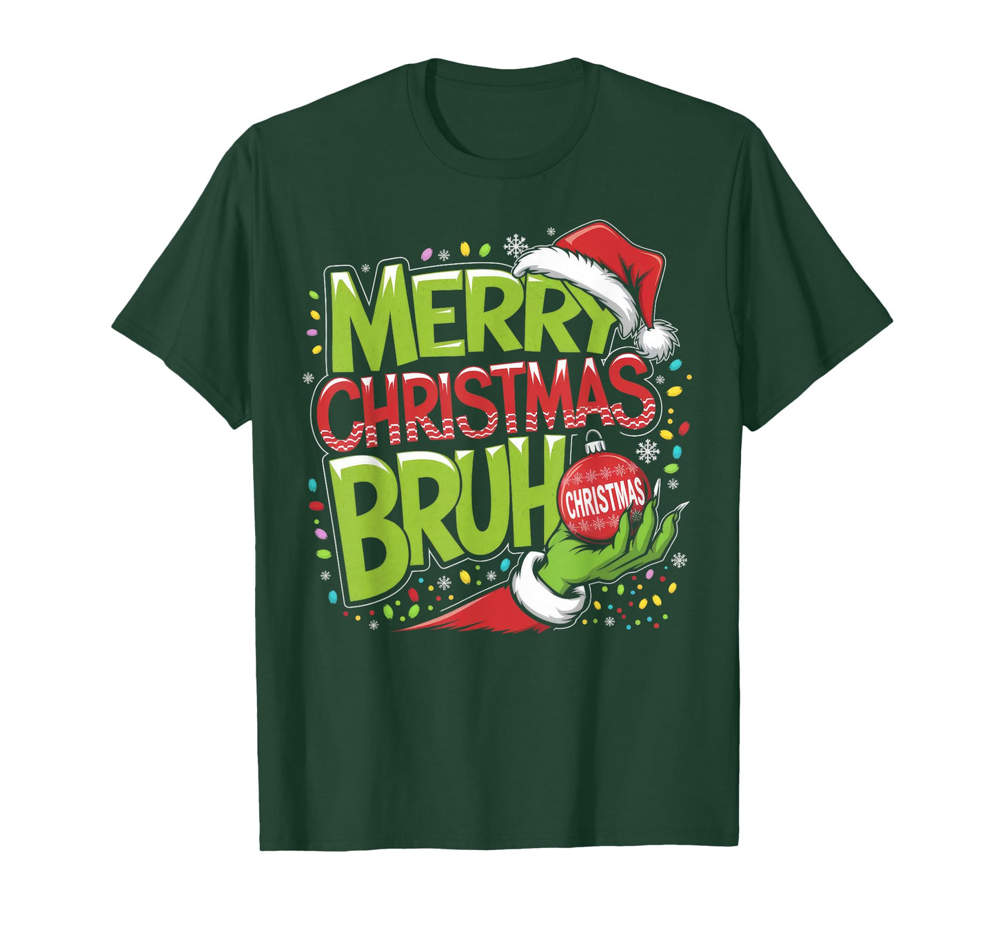 Merry Christmas Bruh Green Hand Santa Hat Xmas Family Pjs T-Shirt