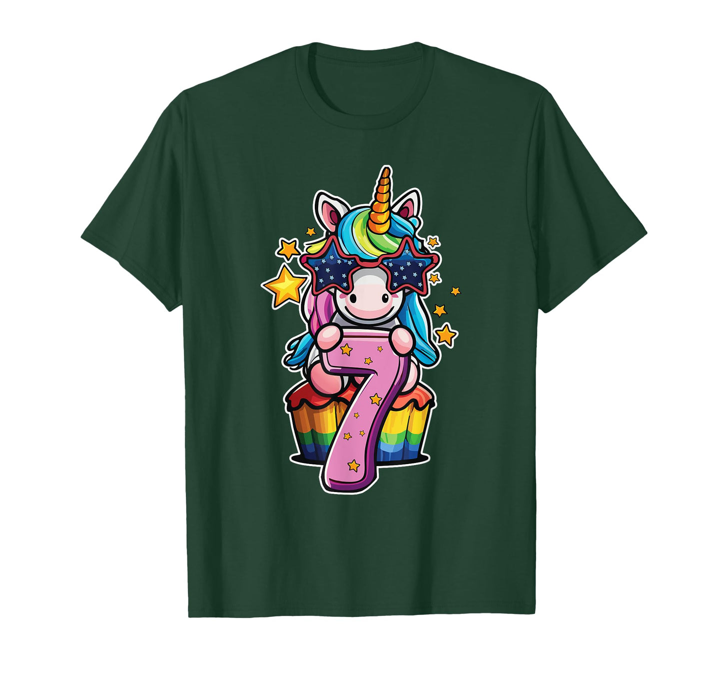 Unicorn Happy 7th Birthday Age 7 Rainbow Cupcake Cute Party T-Shirt