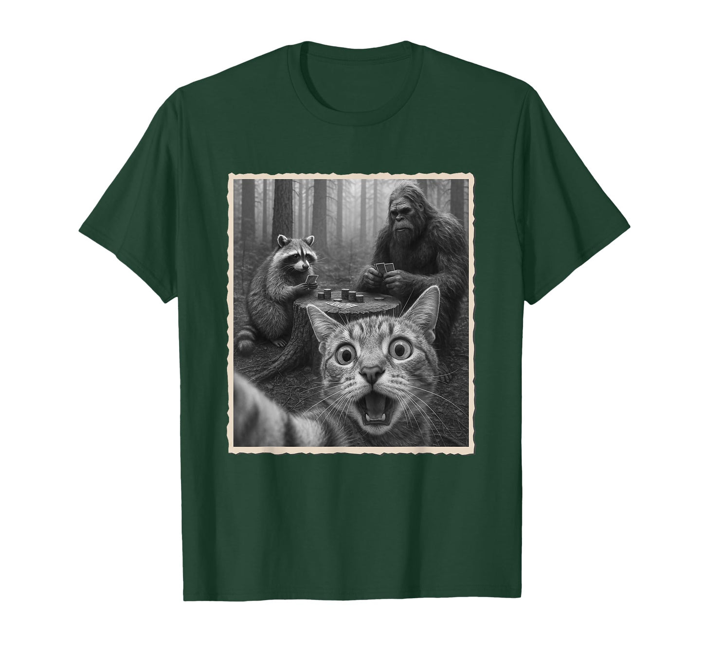 Cat Selfie With Raccoon & Bigfoot | Funny Scared Cat T-Shirt
