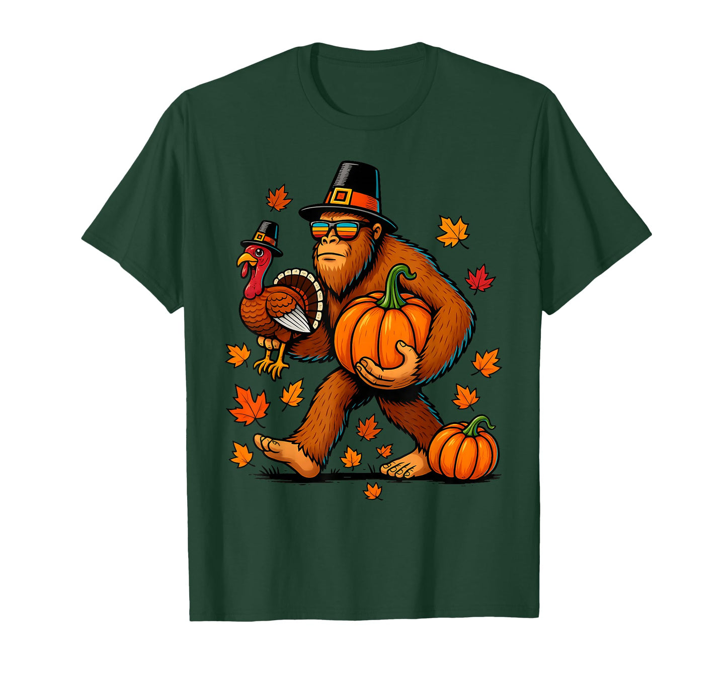 Pilgrim Turkey Pumpkin Thanksgiving Day Bigfoot Boys Men T-Shirt