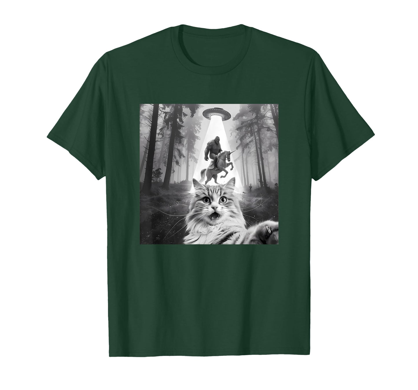 Funny UFO Cat Selfie with Bigfoot Forest Unicorn Sasquatch T-Shirt