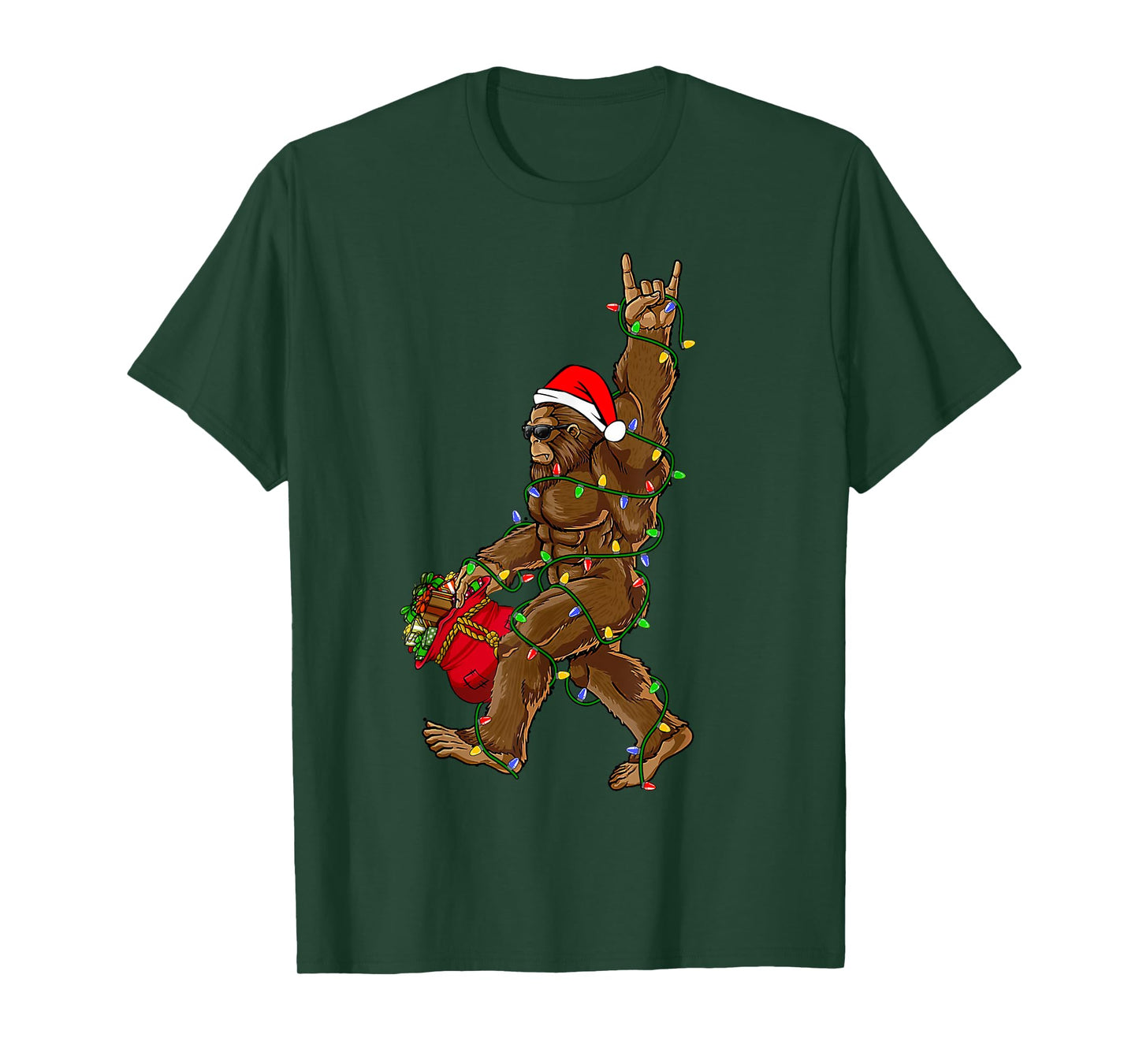 Santa Bigfoot Christmas Lights Rock Funny Sasquatch Believe T-Shirt