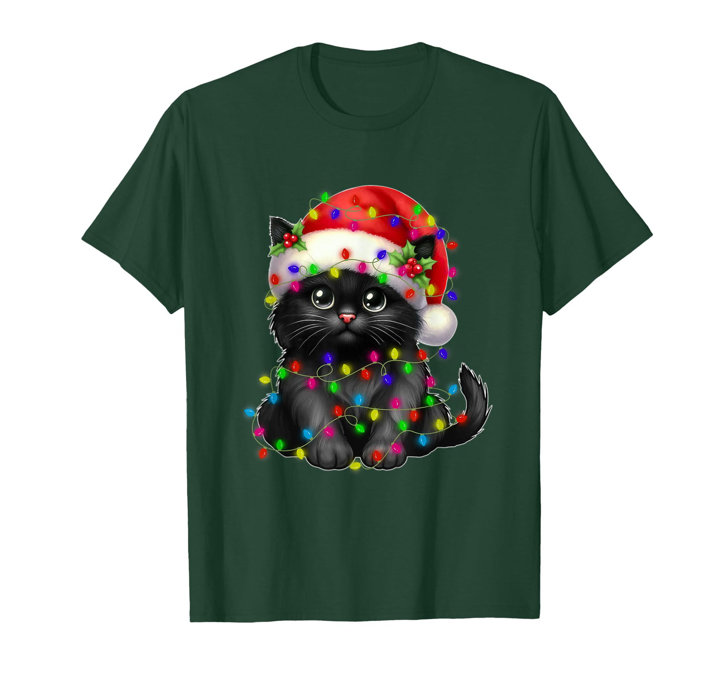 Black Cat Christmas Light Santa Hat Xmas Christmas Cat Lover Men Women Kids T-Shirt