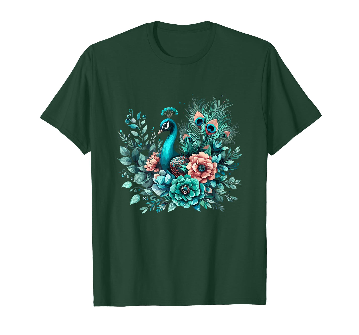 Beautiful Floral Flower Teal Feathers Peacock T-Shirt