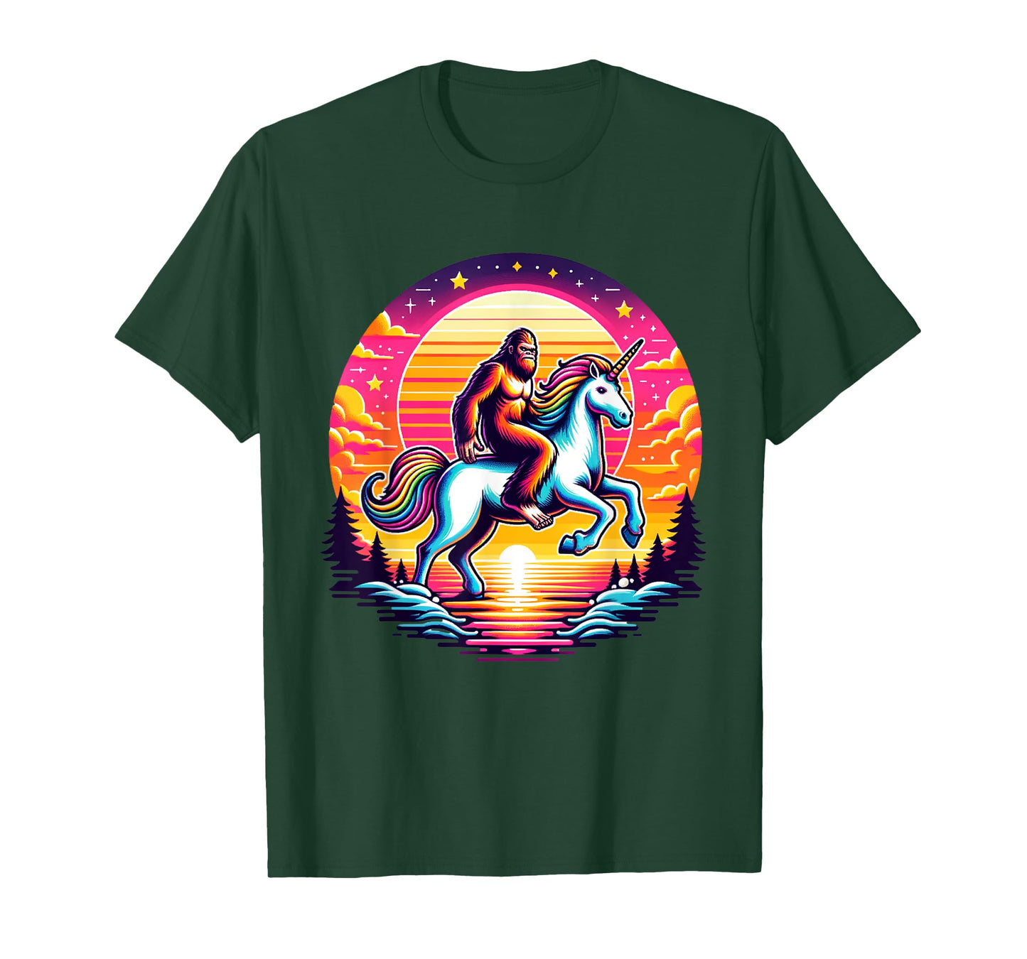 Bigfoot Riding Unicorn! Funny Sasquatch Unicorn Retro Sunset T-Shirt
