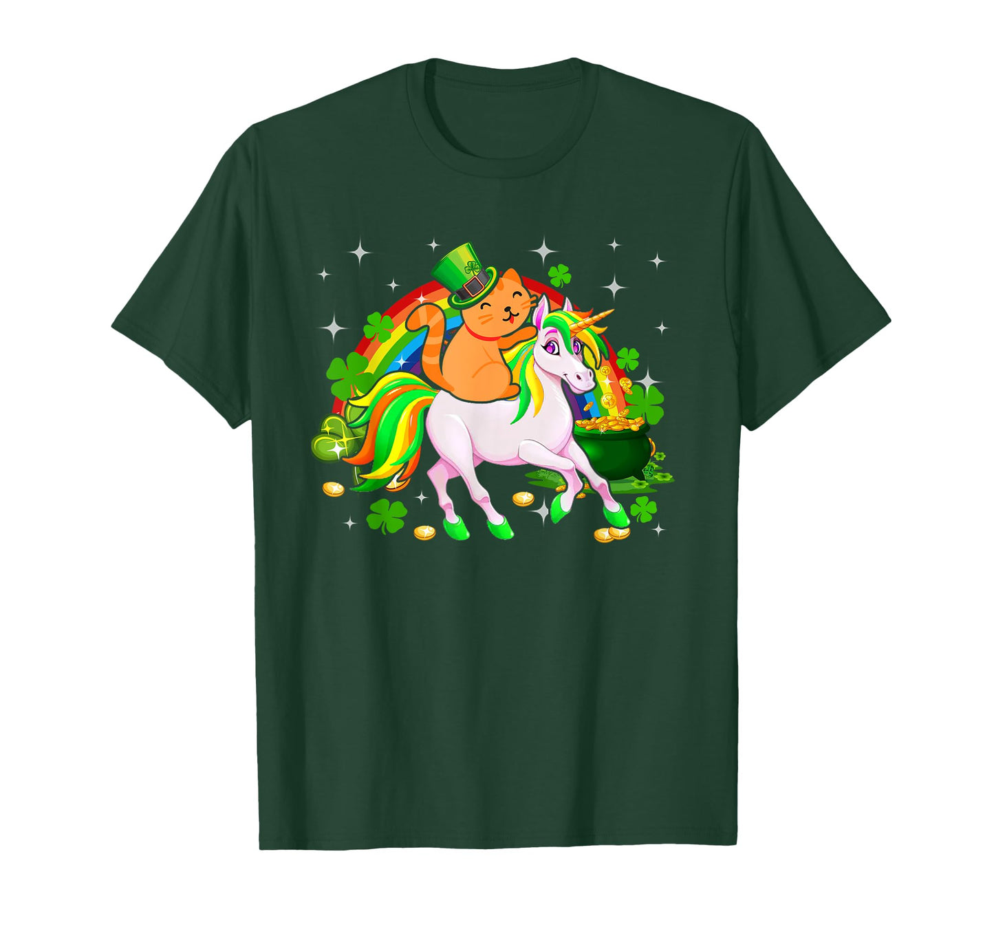 Leprechaun Cat Riding Unicorn Happy St Patrick's Day Gifts T-Shirt for Men Women Kids