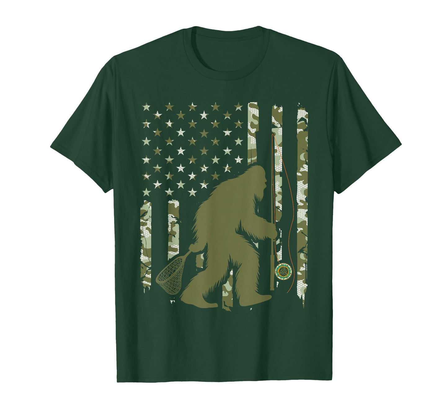 Bigfoot Sasquatch Fly Fishing American Flag Camo Vintage T-Shirt