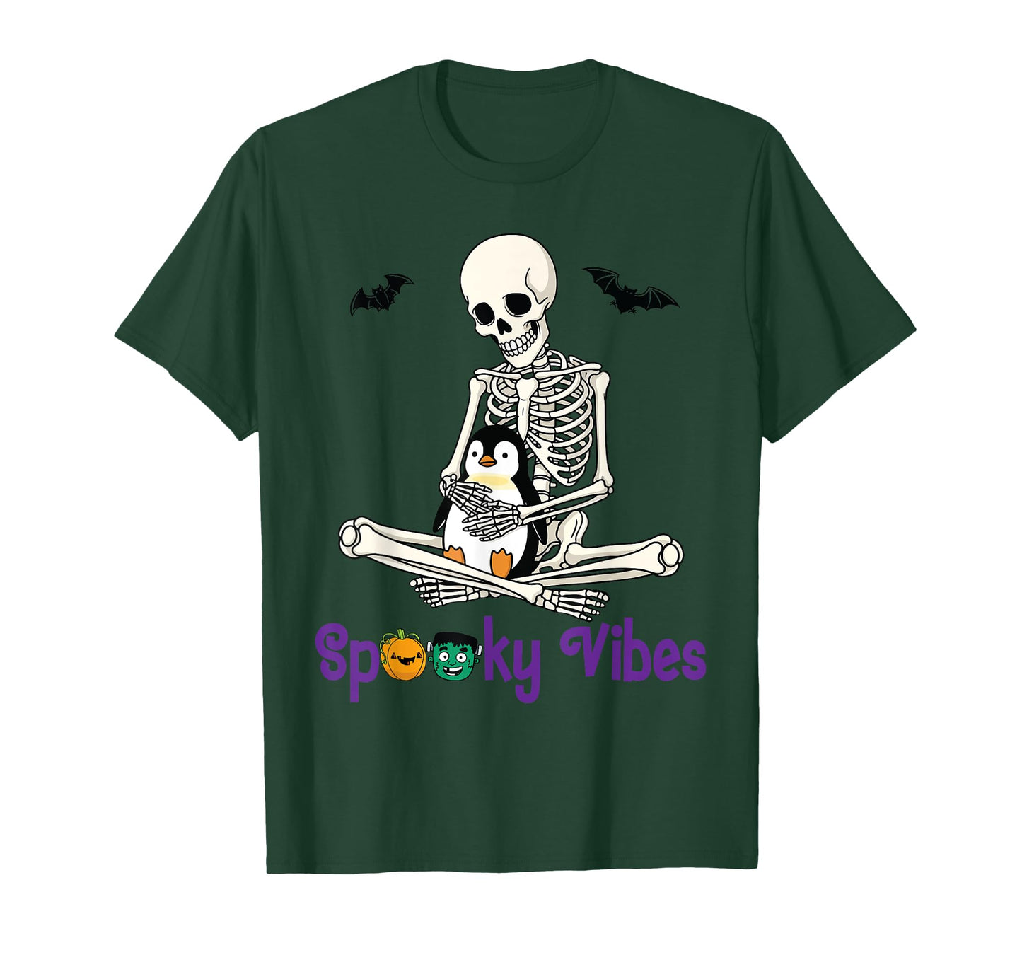 Skeleton Hugging Penguin Cute Spooky Vibes Halloween Day T-Shirt
