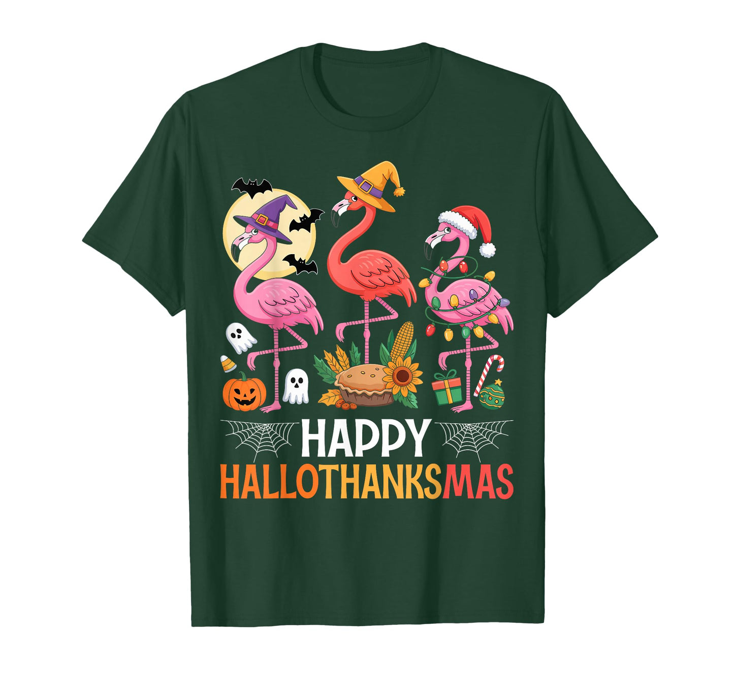Happy Hallothanksmas Xmas Halloween Thanksgiving Flamingo T-Shirt