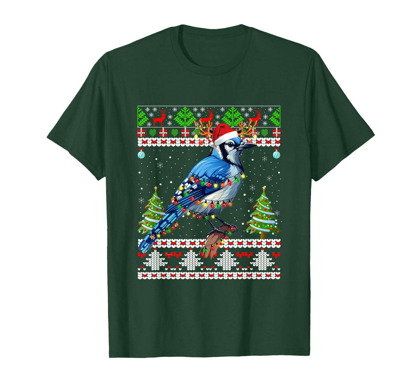 Xmas Lights Ugly Sweater Style Santa Blue Jay Bird Christmas T-Shirt