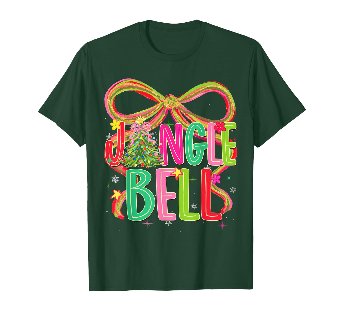 Jingle Bells Coquette Bow Merry Christmas Tree Girl Women T-Shirt