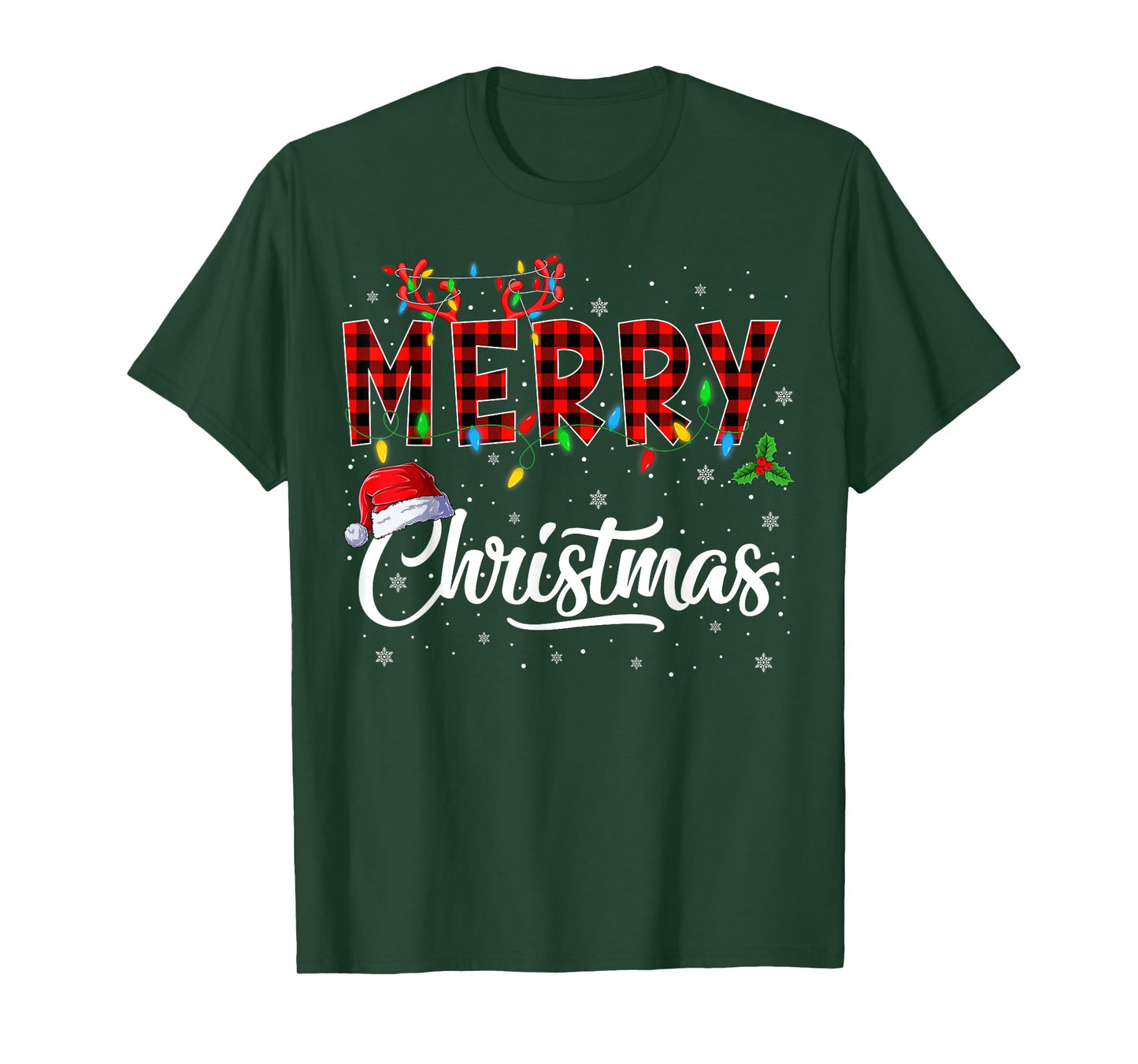 Merry Christmas Lights Santa Hat Xmas Family Men Women Kids T-Shirt