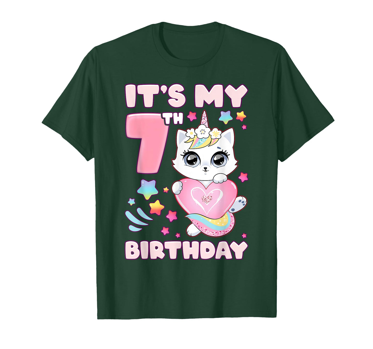 Birthday girl 7 years old, cat, unicorn, 7th birthday T-Shirt