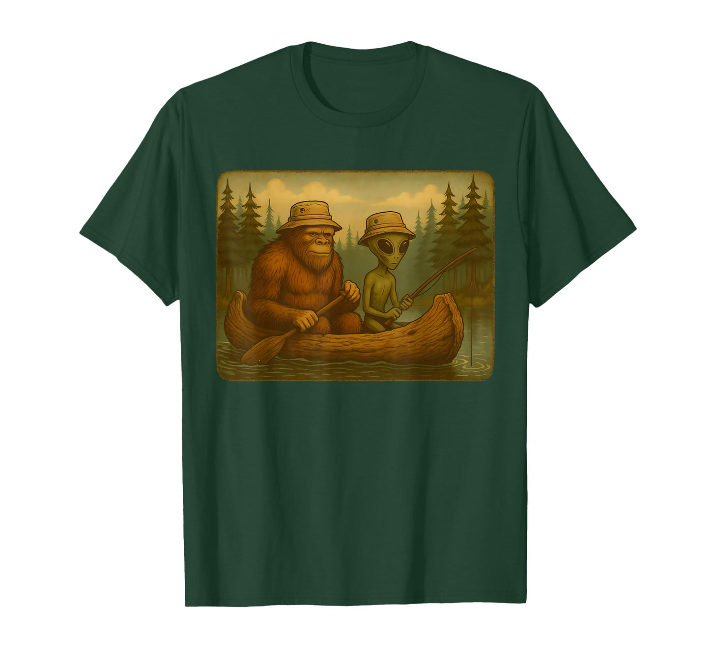 Bigfoot Alien Fishing Design Men Boys Sasquatch Fishing T-Shirt