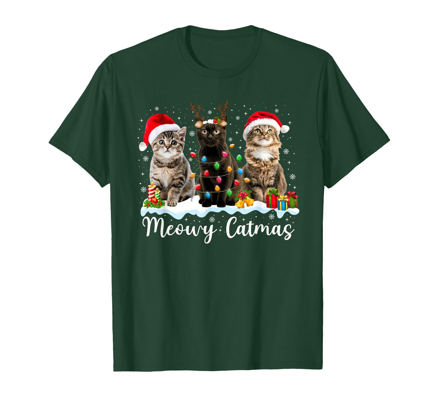 Meowy Catmas Cat Christmas Lights Xmas Pajamas Cat Lover Men Women Kids T-Shirt