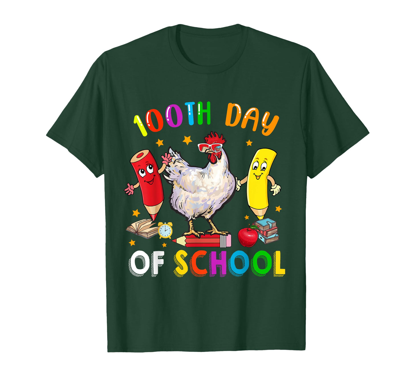 100th Days Of School Funny Chicken Sunglasses With Pencils T-Shirt