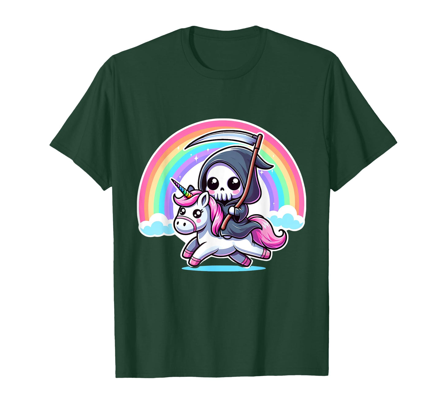 Grim Reaper Riding Unicorn Funny Rainbow Heavy Metal T-Shirt