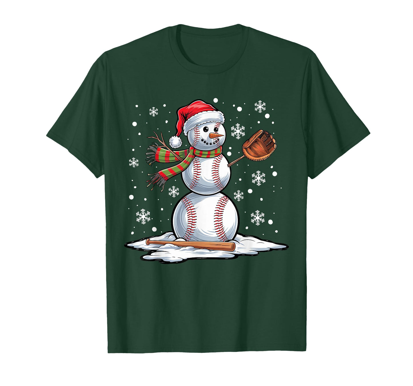 Baseball Snowman Baseball Player Santa Hat Christmas Funny T-Shirt