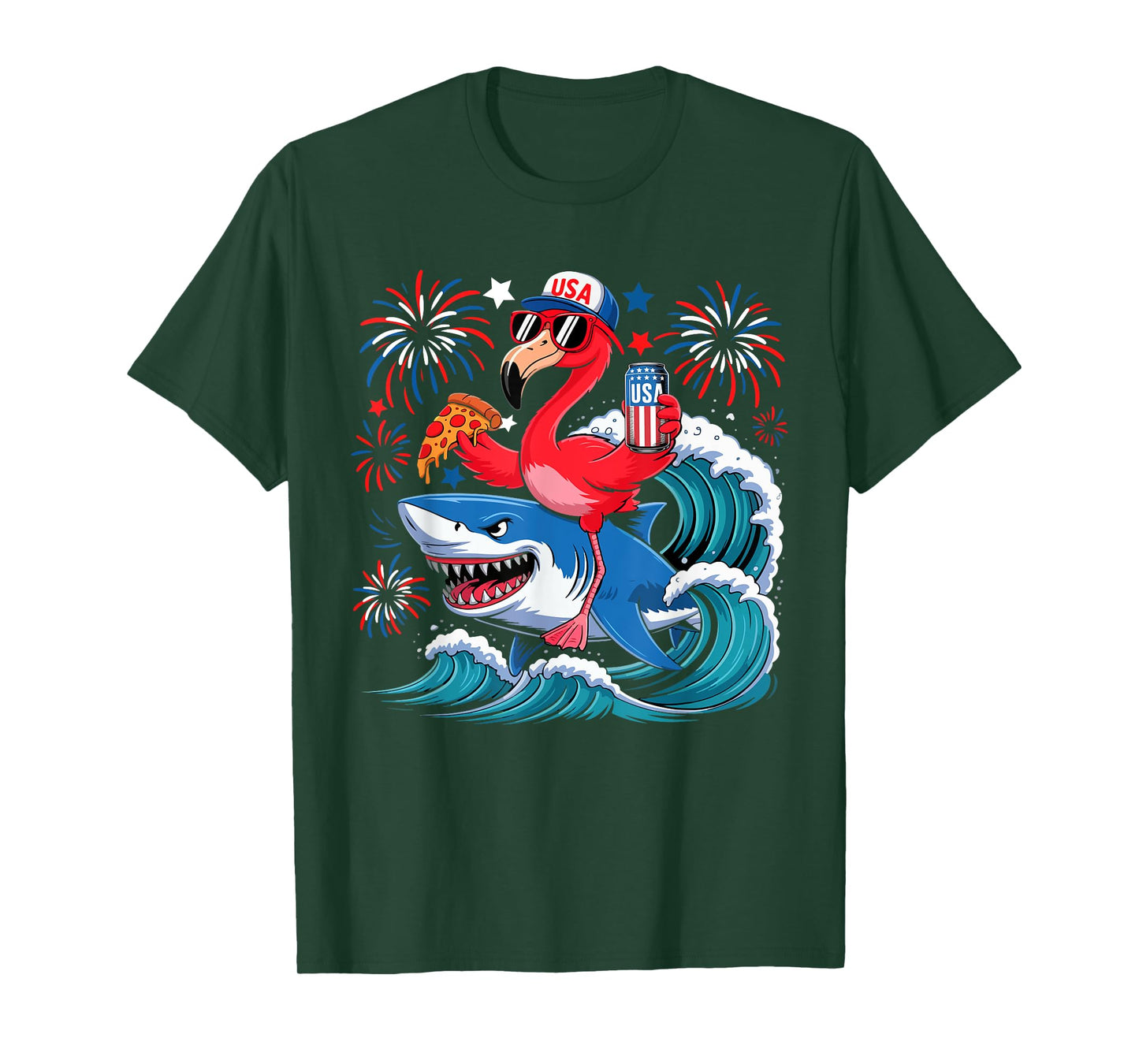 Flamingo Riding Shark With Beer Pizza 4th Of July Patriotic T-Shirt