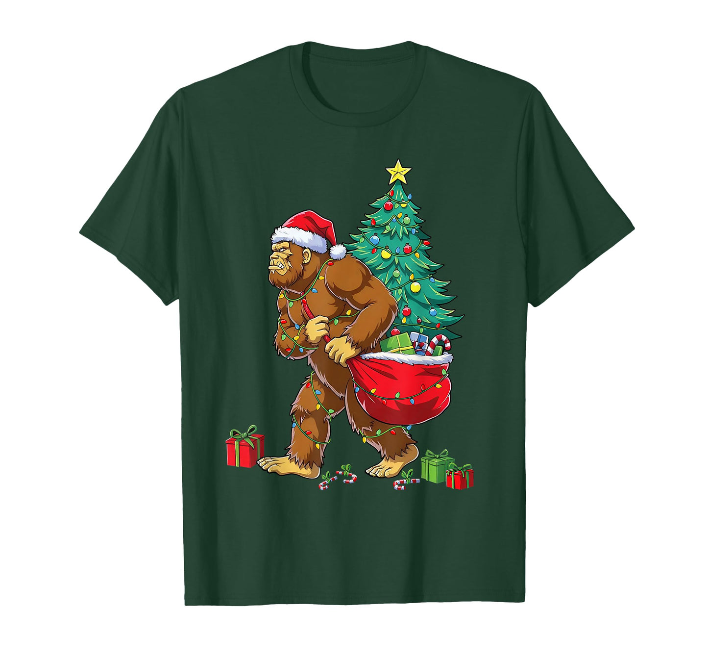Santa Bigfoot Christmas Tree Xmas Lights Funny Sasquatch T-Shirt