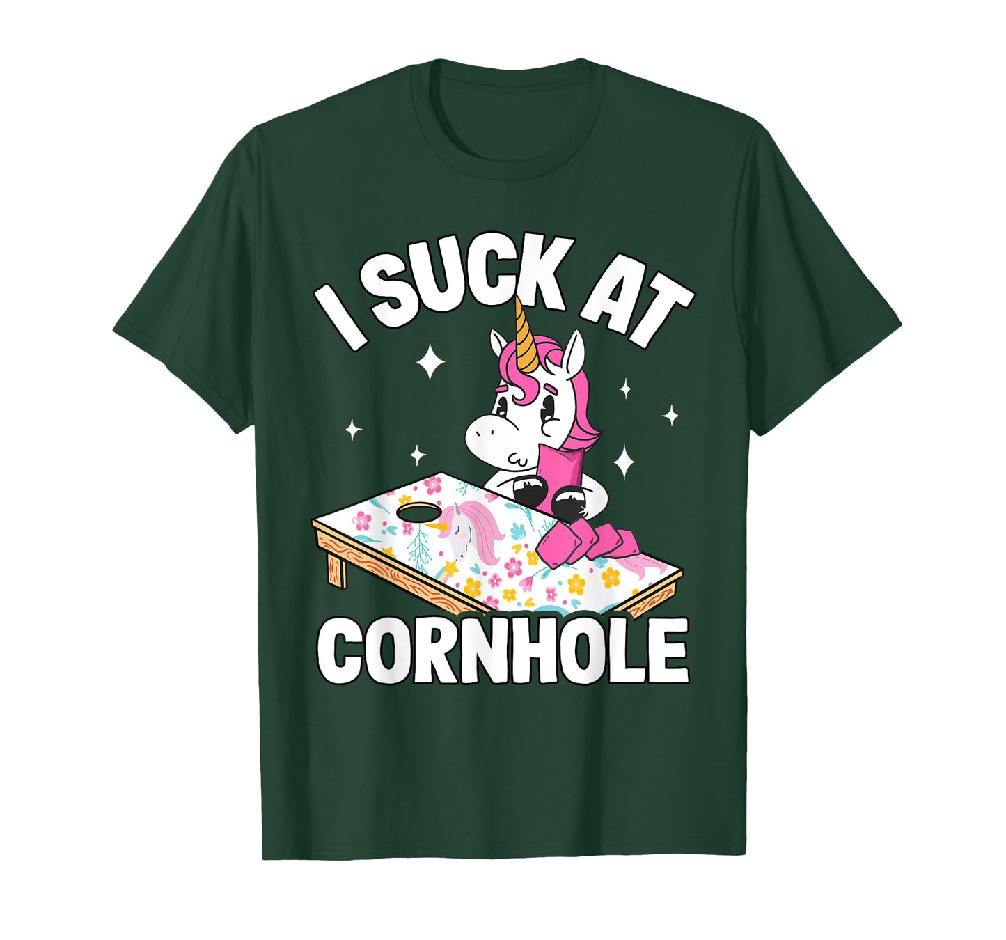 I Suck At Cornhole Loser Funny Sarcastic Joke Pink Unicorn T-Shirt