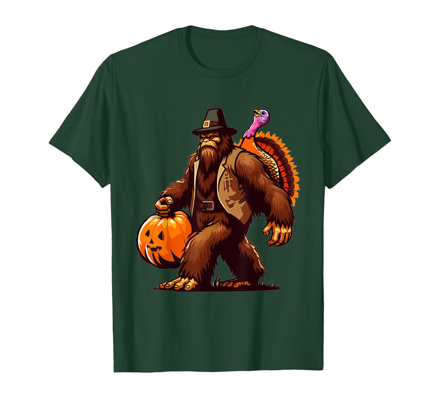 Bigfoot Pilgrim Turkey Pumpkin Thanksgiving Day T-Shirt