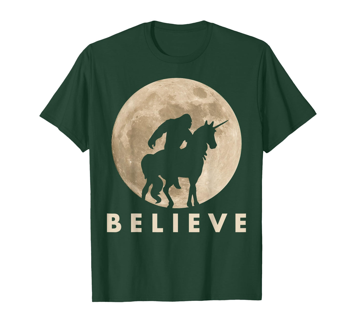 Bigfoot Riding a Unicorn Against a Full Moon Shirt, Believe! T-Shirt
