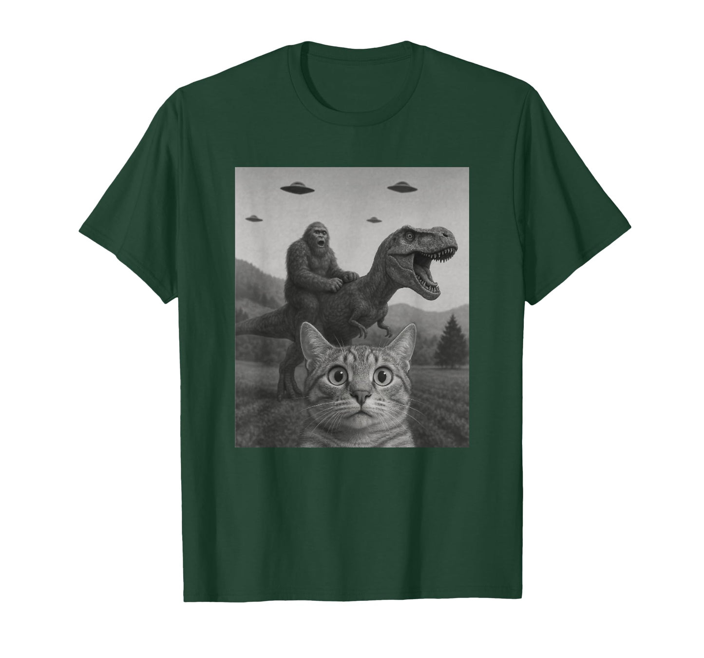 Cat Selfie with Bigfoot Riding T-rex Dinosaur Alien UFO T-Shirt