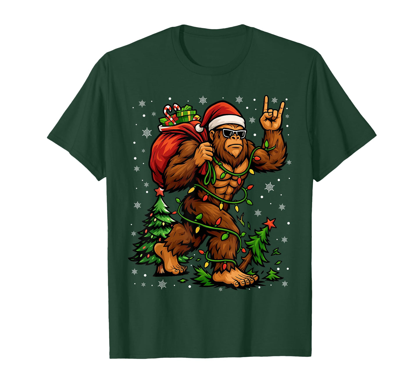 Santa Bigfoot Christmas Tree Xmas Lights Funny Sasquatch Men T-Shirt