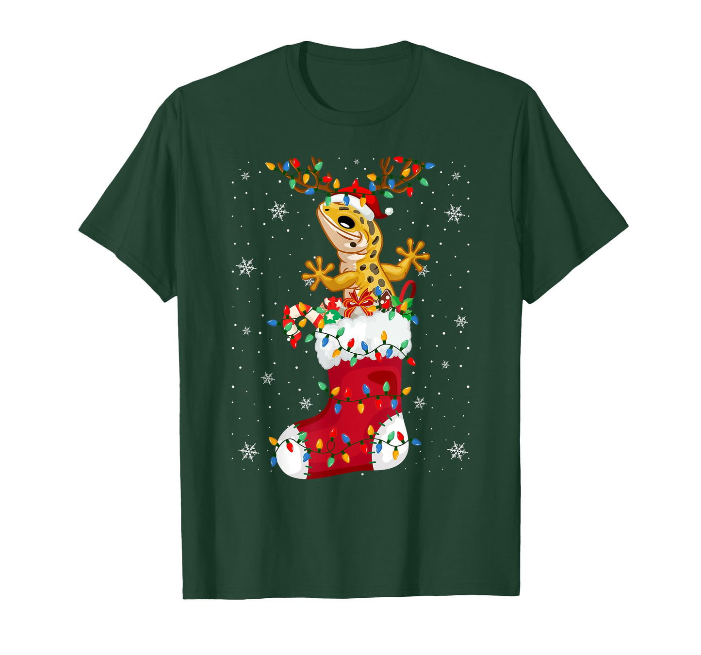 Santa Hat Leopard Gecko Animal In Socks Xmas Tree Lights T-Shirt