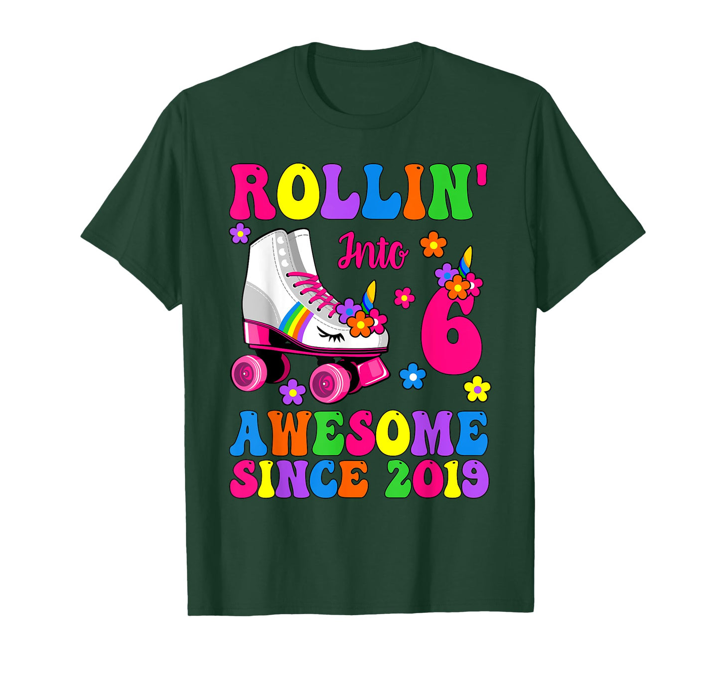 Rolling Into 6 Awesome Since 2019 Unicorn Skate 6th Birthday T-Shirt